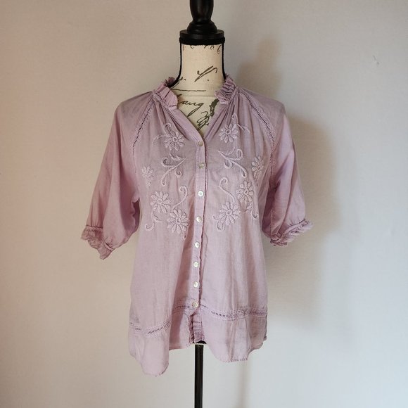 JP and Mattie Embroidered Pearl Button Front Blouse Ruffle V-Neck Purple - Picture 1 of 10